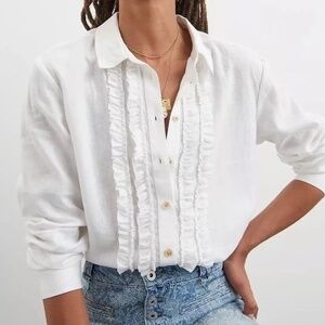 PILCRO Anthropologie Linen Blend Ruffled Placket Button-Down Shirt Sz XXS White